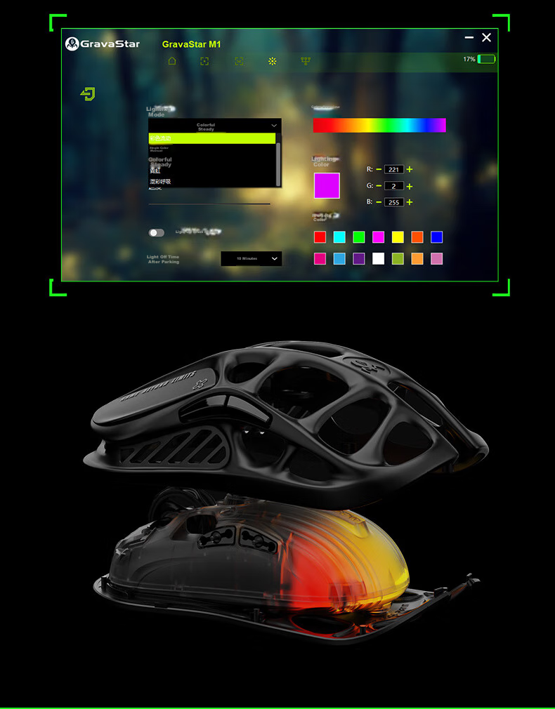 GravaStar Chrysalis Wireless/Wired Bluetooth Gaming Mouse for Home And Office, Lightweight Hollow-Out 3395 Long Battery Life Rechargeable RGB Lighting Liquid Black 10
