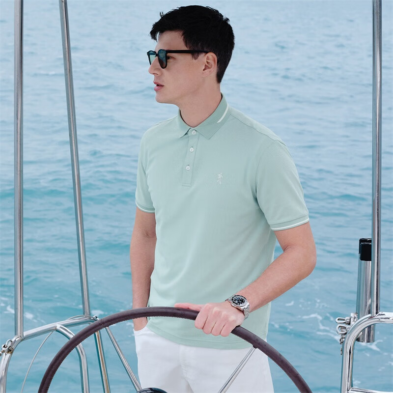 DANCING WOLVES Cool Mint Summer Casual Ice-Cool Skin-Friendly Men's Short-Sleeve Polo Shirt, 206 Bean Green, Size 185