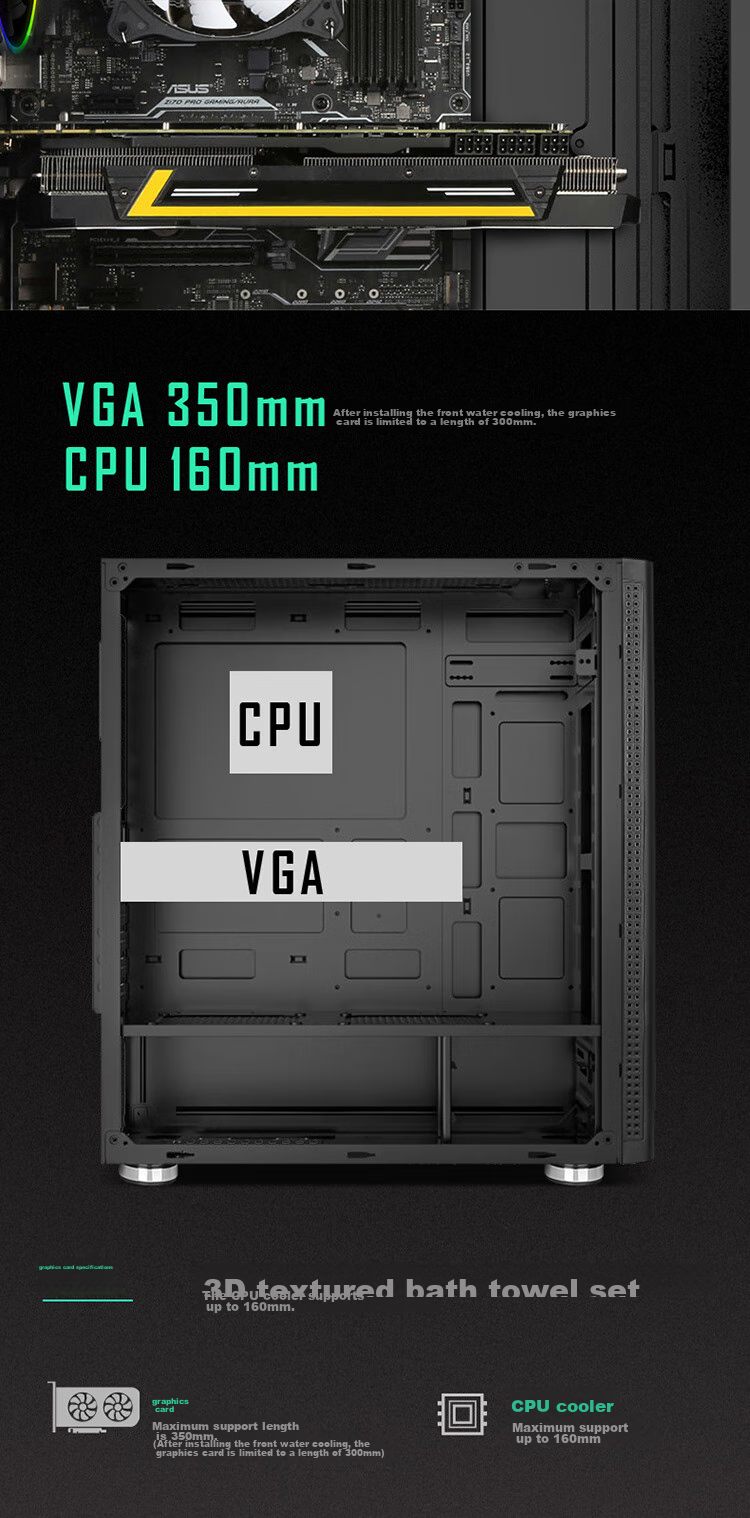 Huntkey GS500C Black Case (Side Panel Window/ATX Motherboard Support/Wide Gaming PC Case/Long Graphics Card Support/Black Cable Management/Gold-Stamped Feet) 16