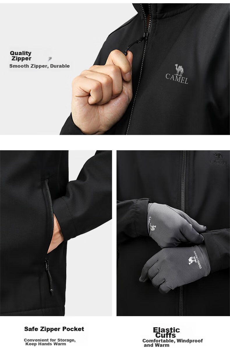 CAMEL Outdoor Soft Shell Jacket for Couples, Waterproof And Windproof, Fleece-Lined Hooded Coat, Trendy AA32263652A 30