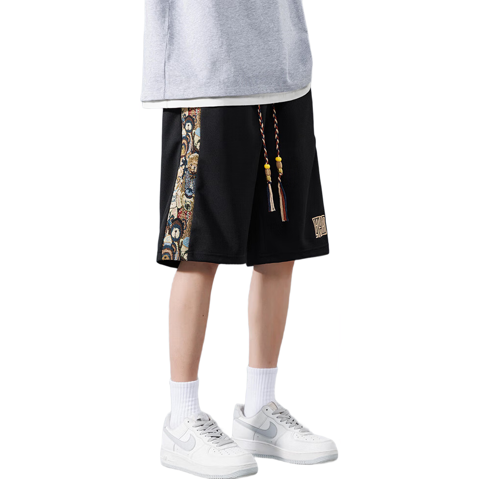 Touhaoqingnian Men's Shorts, Summer Ice Silk Quick-Dry Five-Point Sports Pants, New Chinese-Style Embroidery, Plus Size Casual Pants, Black, 5XL