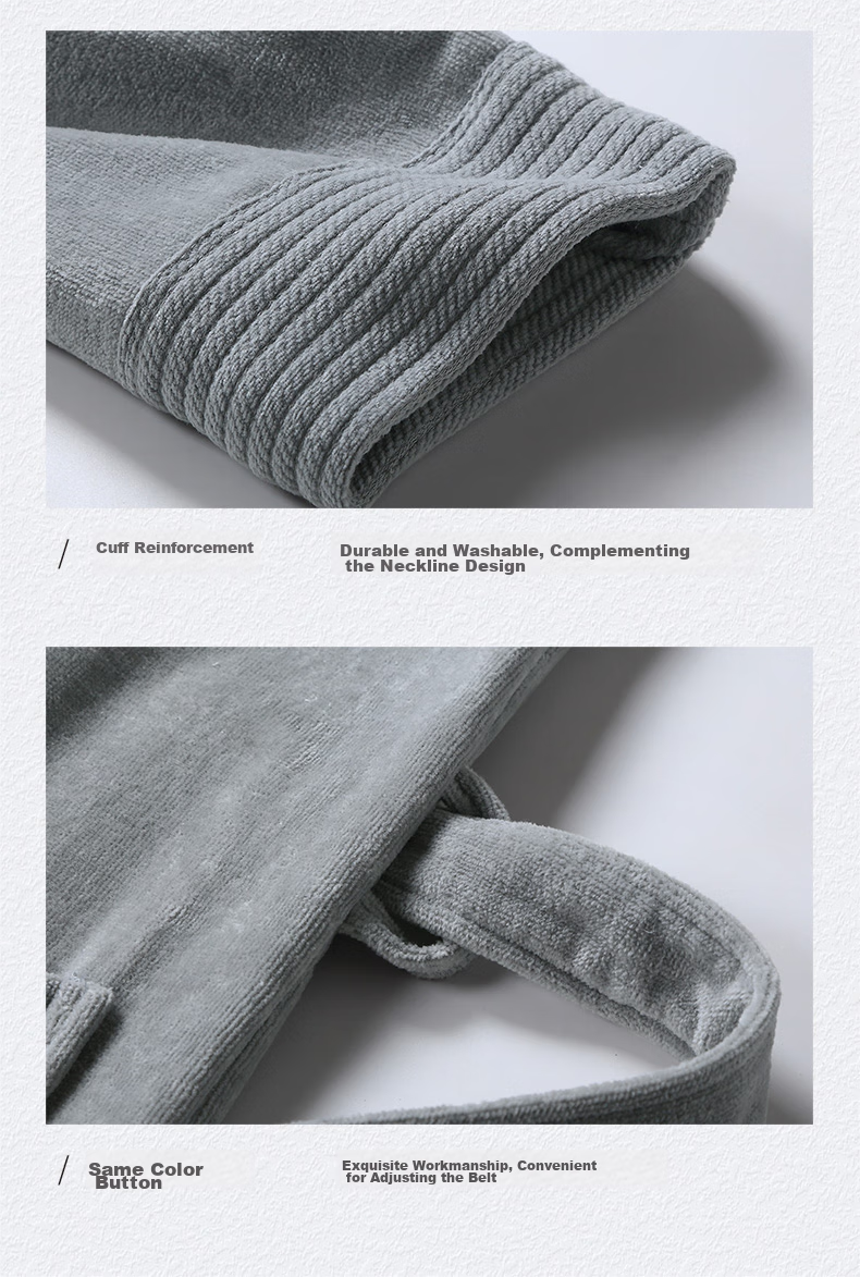 Canasin Five-Star Hotel Pure Cotton Bathrobe, All-Cotton Absorbent Couple Adult Bathrobe Sleepwear Long Style, Elegant Gray, M 11