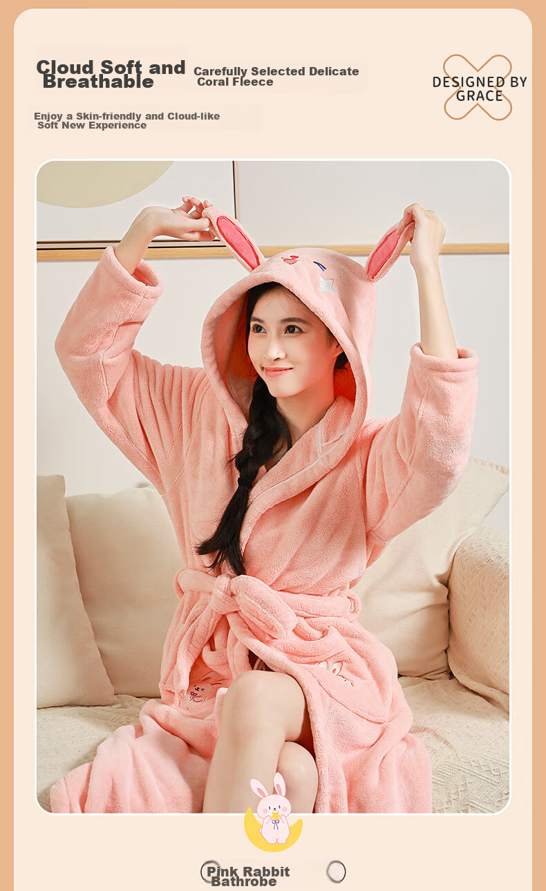 Grace Bathrobe for Women, Winter Coral Fleece, Absorbent Quick-Drying Cape, Home Loungewear, Autumn Winter Couple Wearable Bath Towel, Long Sleepwear, Size M 5
