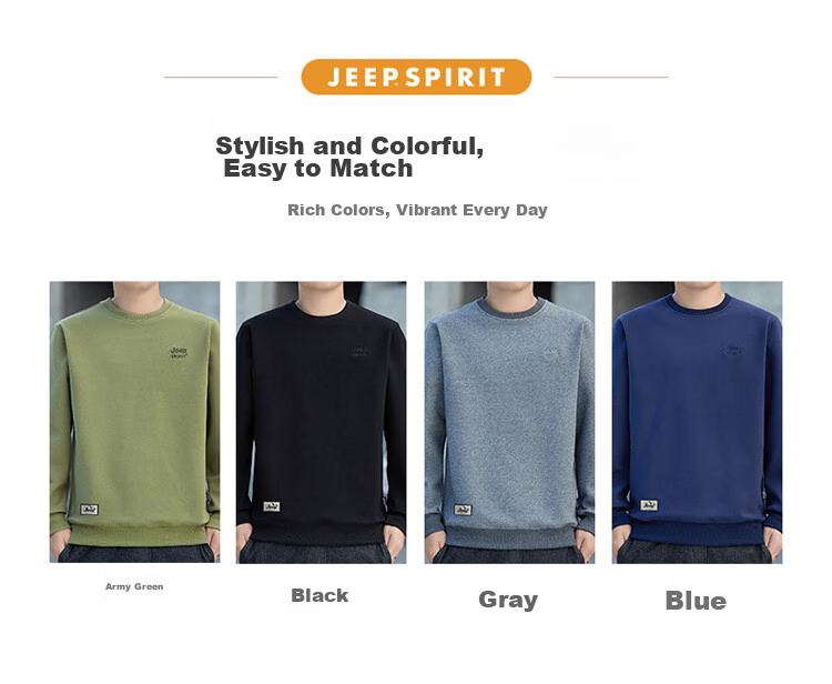 JEEP SPIRIT Men's Sweatshirt, Spring Korean Style, Round Neck Long Sleeve T-Shirt, Base Layer, Men's Clothing, Black, Size L 7