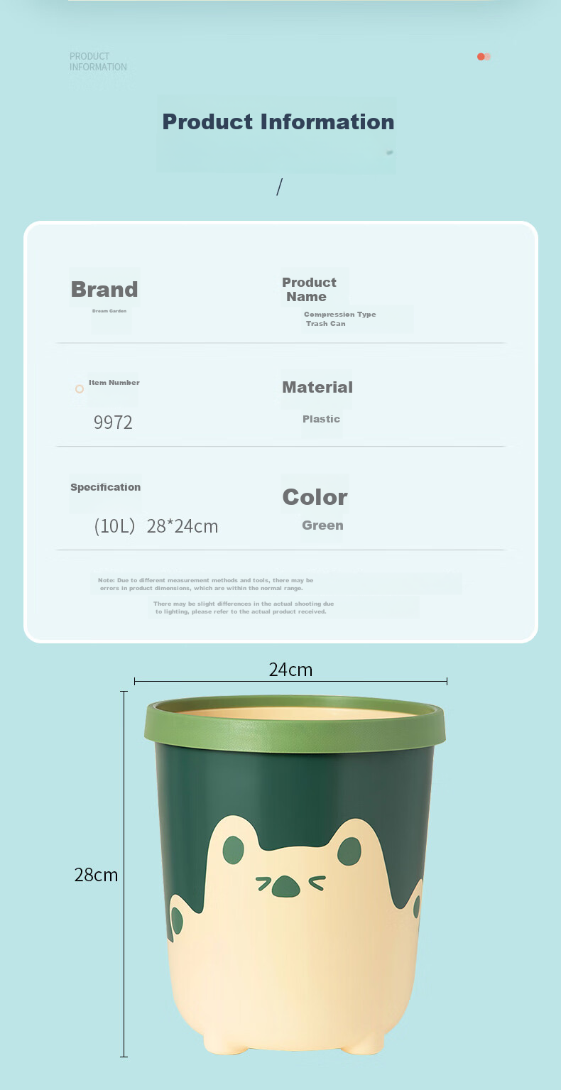 MENGTING Creative Trash Can with Press Ring, 10L Capacity, Cartoon Design for Home And Office Use, Large Capacity Wastebasket for Living Room, Pink 2