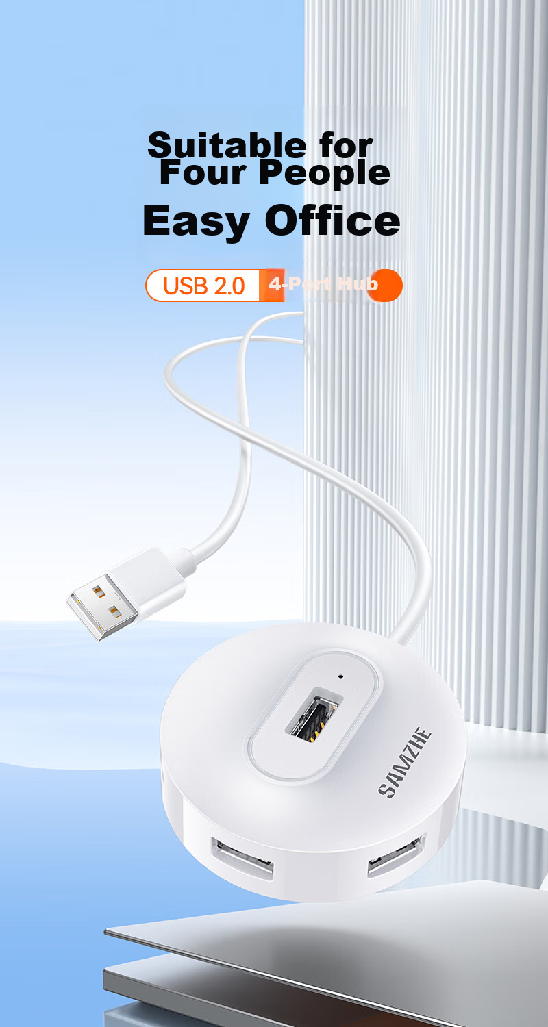 SAMZHE USB2.0 Hub with 4 Ports, Expansion Dock, Laptop And Desktop Computer Multi-Port Adapter with Power Supply Port, 1 Meter White HB21-2 1