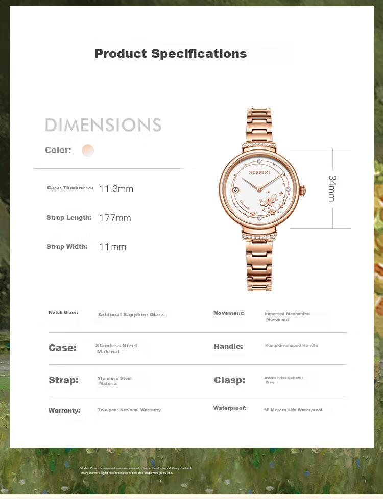 ROSSINI Women's Automatic Mechanical Watch with White Dial And Steel Strap, Birthday Gift for Girlfriend, Chinese Brand, Water-Resistant, Luminous 13