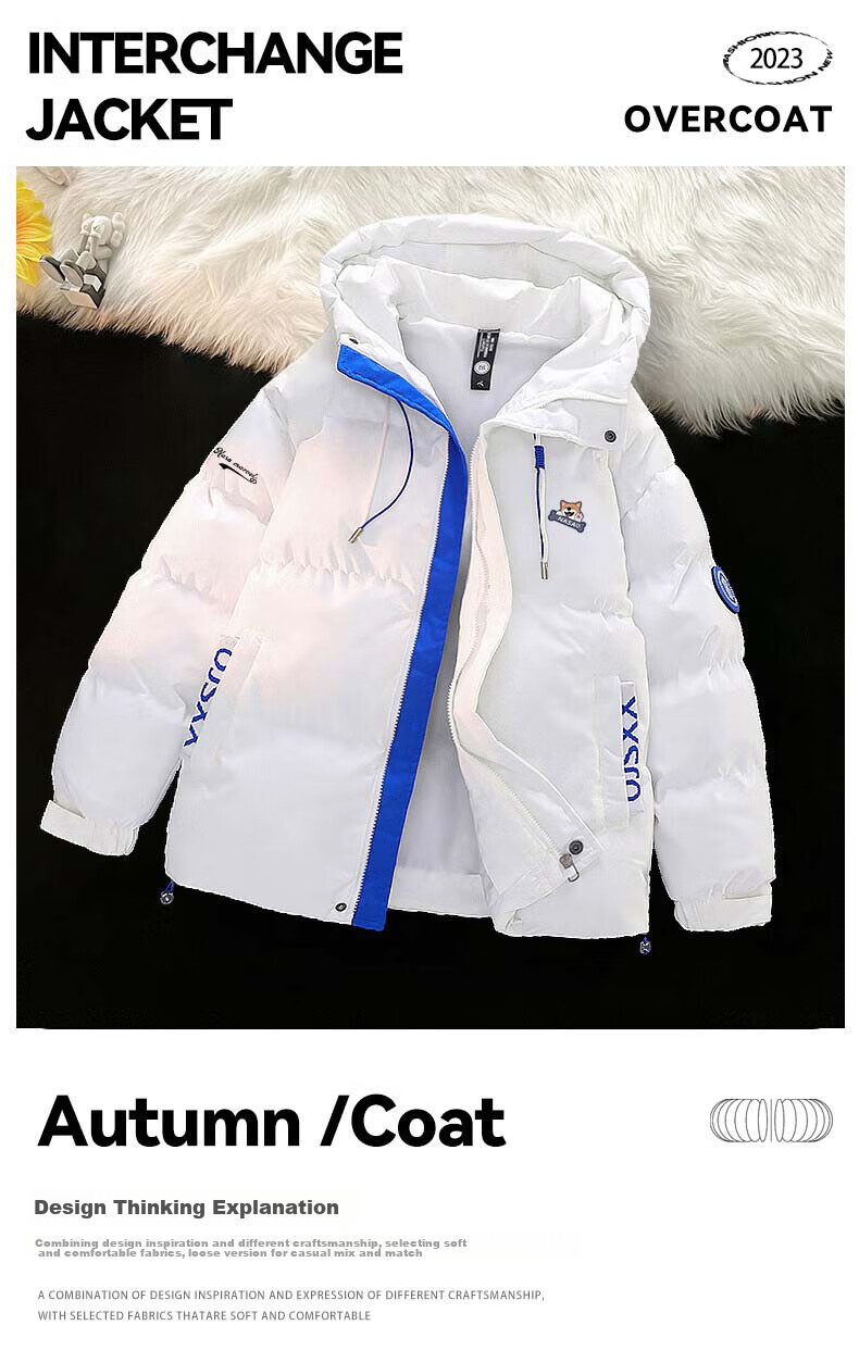 NASA MARVEL Cotton Jacket for Men, Winter Coat, Thickened Trendy Puffer Jacket, Sports Couple Style Cotton Padded Coat, White, 2XL 4