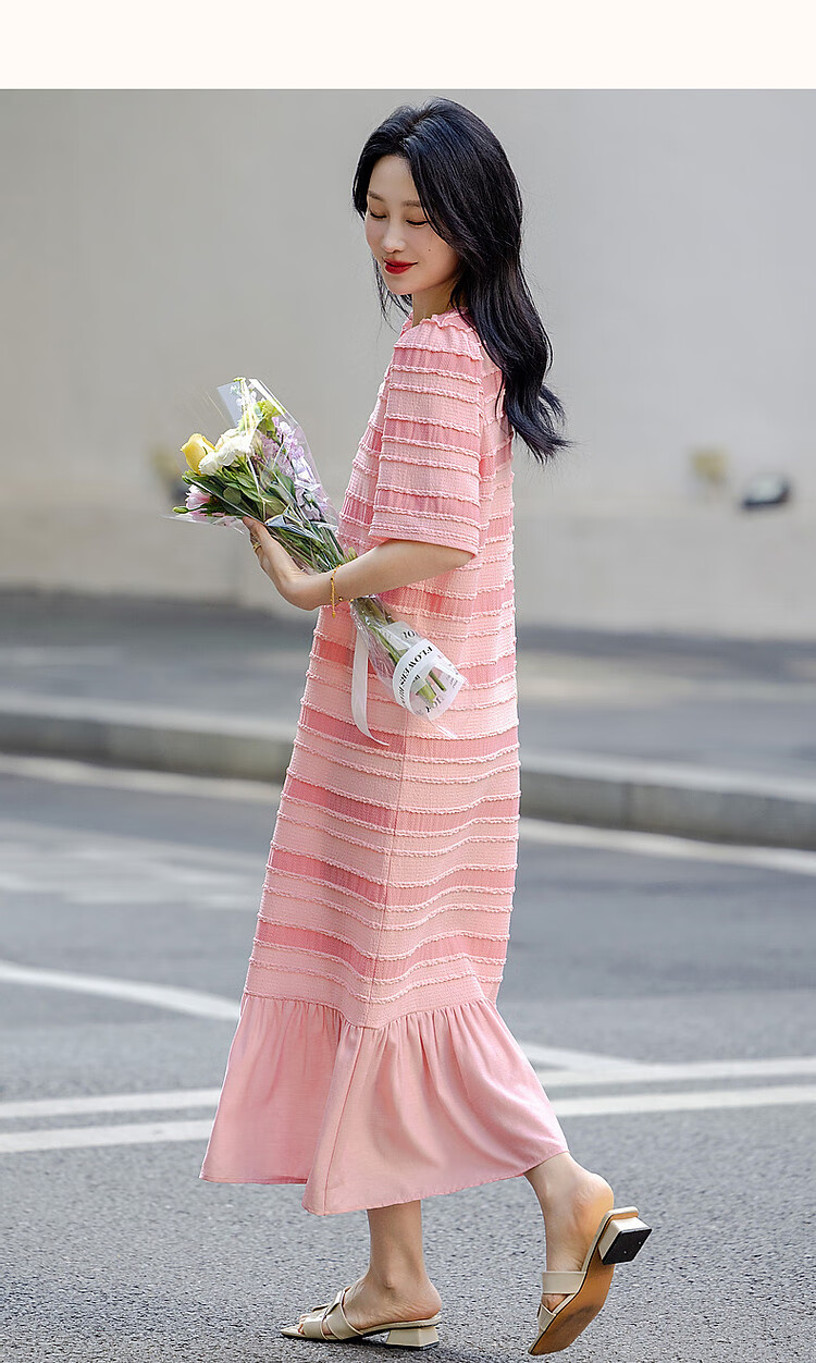 Dme [Half-Ripe Lovers] Spring And Summer Round Neck Textured Lazy Striped Sweet Age-Reducing Knitted Dress, Mid-Length for Wome 13