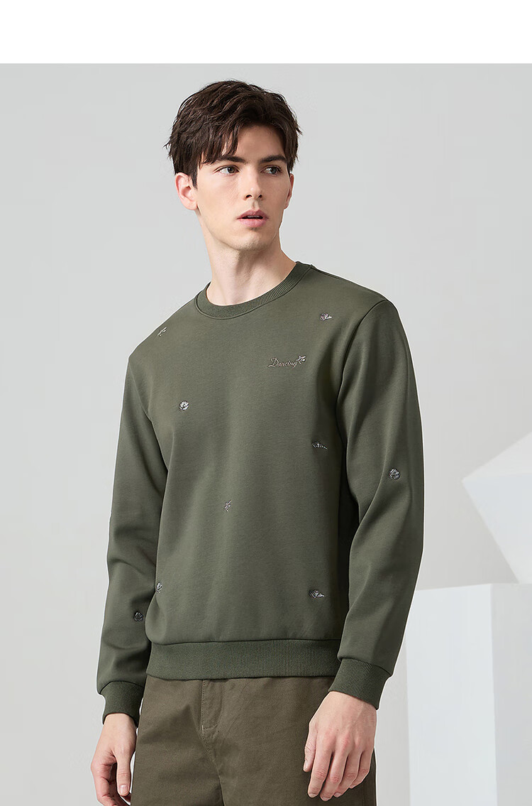 Dancing with Wolves [Fleece Lined Warmth] Autumn Winter Embroidered Round Neck Thickened Men's Sweatshirt 001 Black 175 13