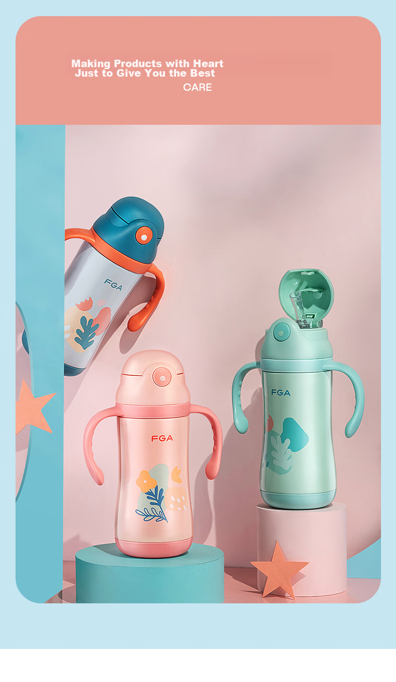 FGA Fuguang Children's Insulated Cup, Kindergarten Baby Straw Cup, Drinking Cup with 316 Stainless Steel Handle, Water Bottle, Gree 11