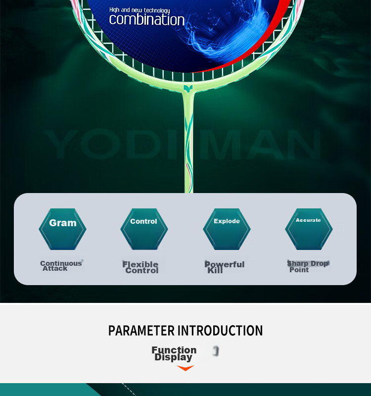 Yodiman Badminton Racket, Full Carbon Ultra-Light 8U Training Racket, Single Racket in Fresh Green (Pre-Strung 25 Lbs) 2