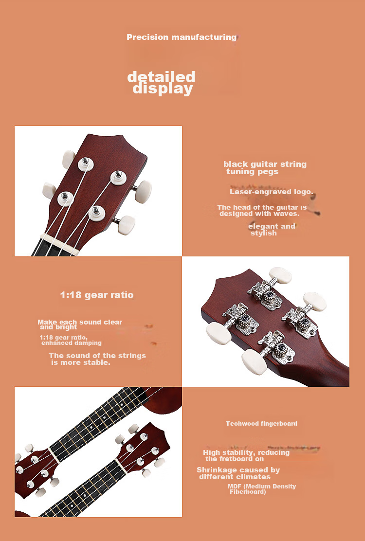 Maneryuepu Ukulele for Adults And Children, Peach Blossom Heartwood, Beginner's Small Guitar, 23-Inch Model 7