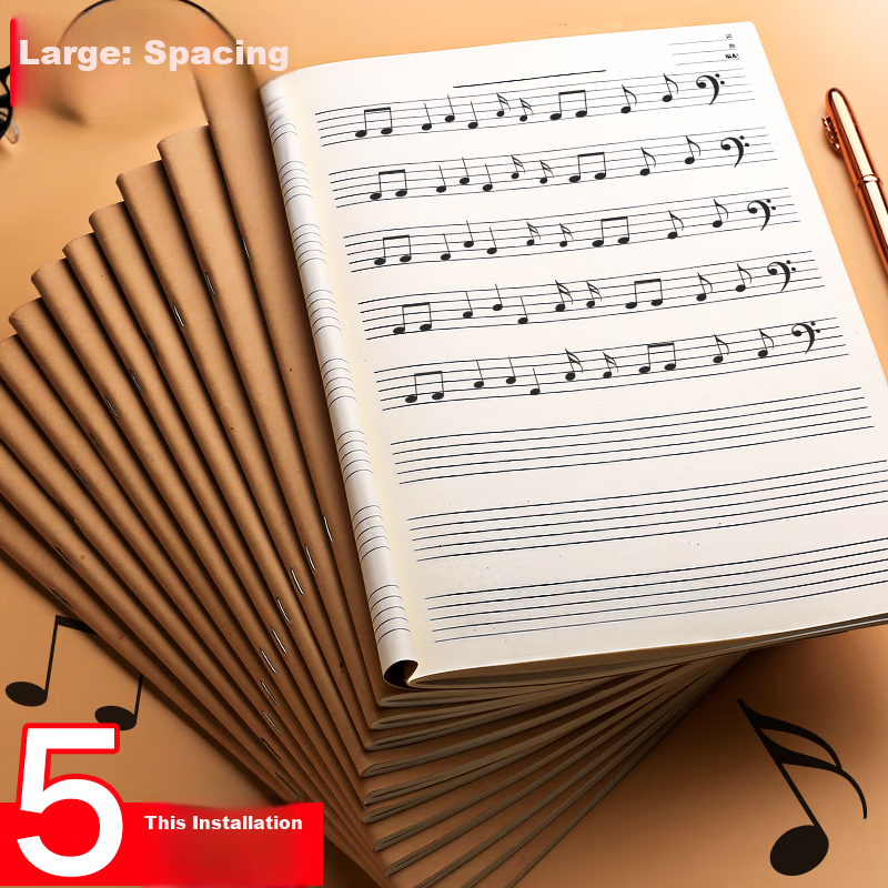 Jinzhi B5/40 Pages 5-Pack Kraft Paper Cover Staff Paper Notebook, Large Spacing Music Sheet, Piano And Guitar Practice Book, Musical Notebook for Children Beginners, Wide-Spaced Sheet Music Notebook