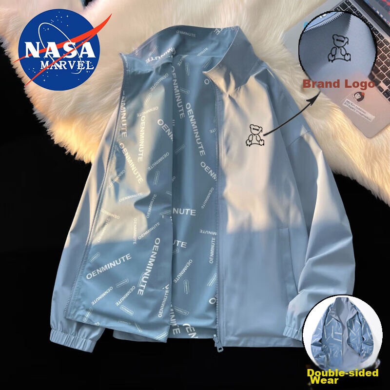 NASA MARVEL Men's Jacket Spring And Autumn Outerwear Trendy Casual Stand-Up Collar Reversible Loose Fit Spring Couple Outfit Smog Blue 2XL