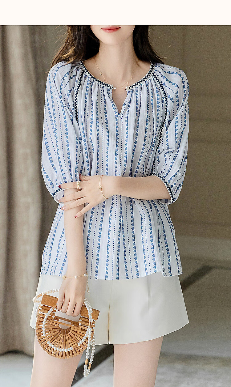 Dme [Gentle Treasure OOTD] Summer French Comfortable Cotton Blend Shirt with Puff Sleeves, Slimming Blouse Women's Top 17