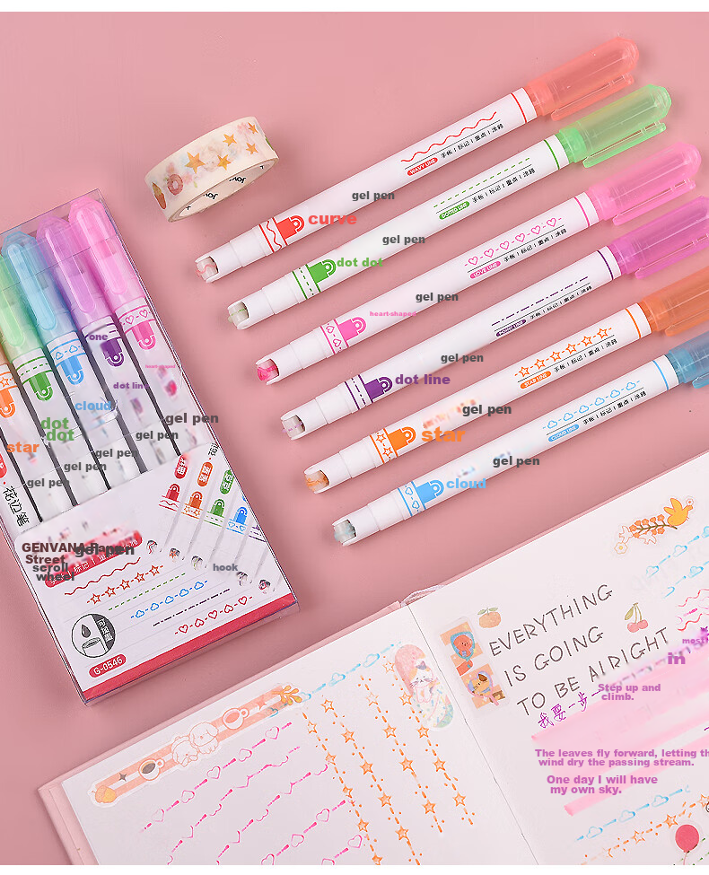 Genvana 6-Color Floral Pattern Outline Pen, Curved Pen, Highlighter, Embossing Pen, Marker Pen for Students, Decorative Edging for Handwritten Reports, Colored Journal Decoration Pen G-0546 12