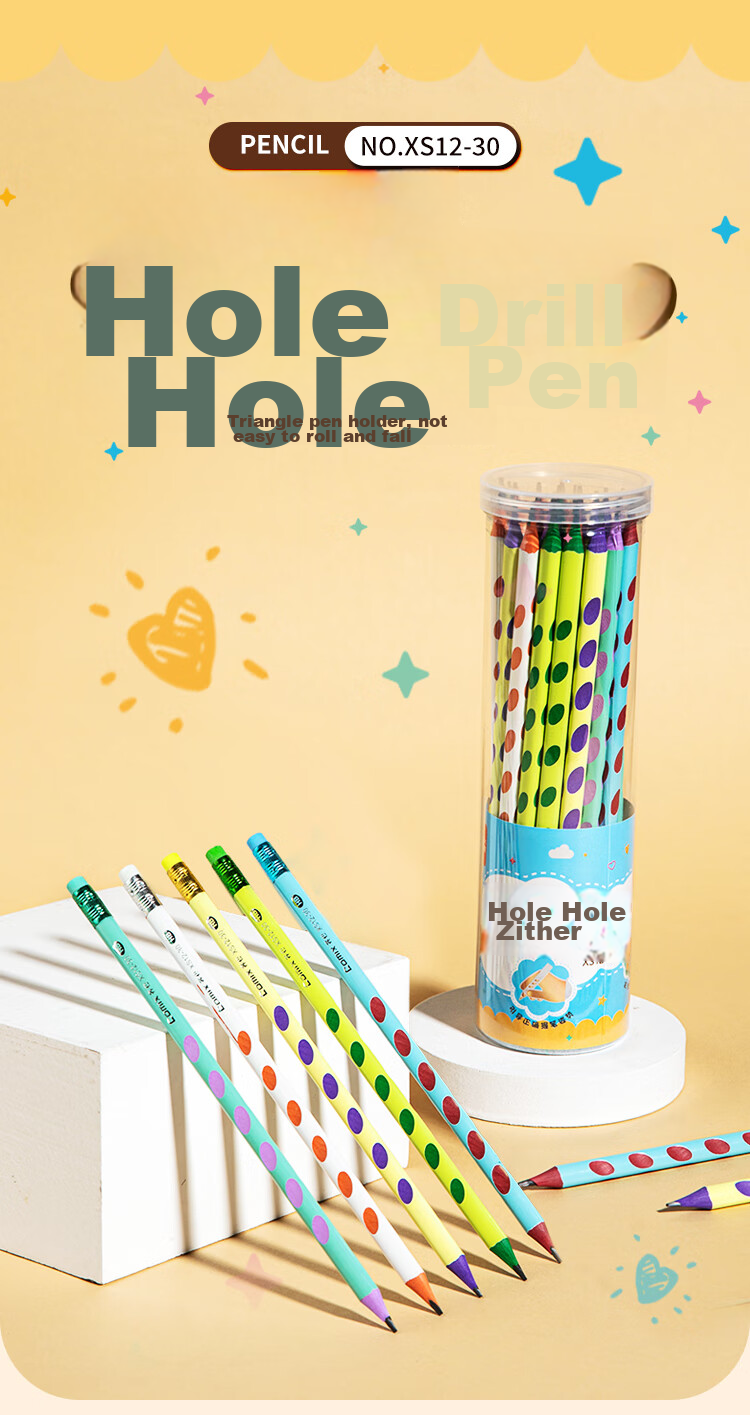 COMIX Perforated Pencils with Colorful Handles, 30 Pieces HB, Elementary School Students' Writing Practice Pencils, Children's Posture Correction, Triangular Wooden Handle Easy-Grip Pencils, Erasable with Eraser, XS12 1