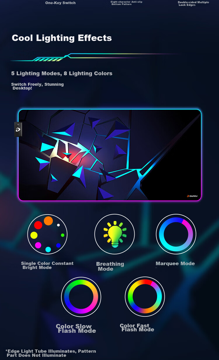 DAREU Professional Gaming Cool RGB Light-Up Mouse Pad, Large Size 800*400*3mm, USB Interface, Smooth Desk Mat, PE-T84 for VALORANT 2