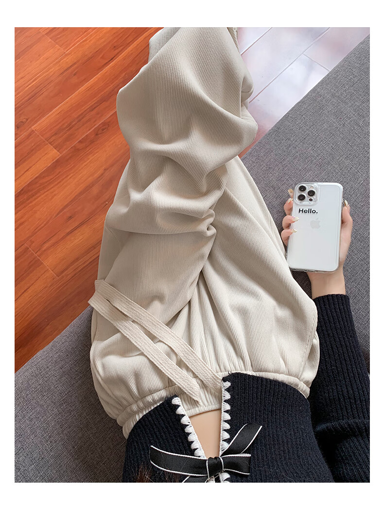 LangSha White Chenille Slim Wide-Leg Pants for Women, Spring And Autumn Thin Style, High-Waisted Draping Straight-Leg Corduroy Casual Sports Trousers 14