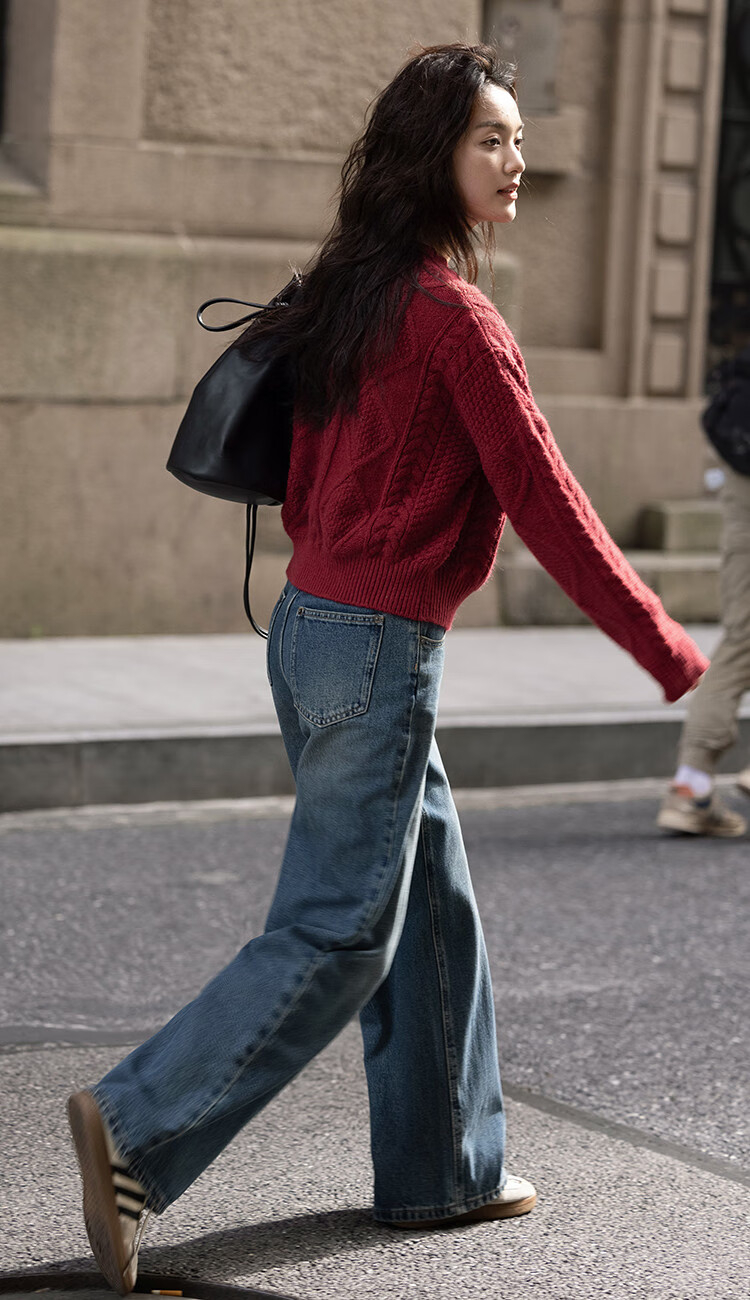 Dme [Romantic Red Knit Sweater], Spring And Autumn Round Neck Pullover Cable Knit Long-Sleeve Warm Sweater for Wome 4