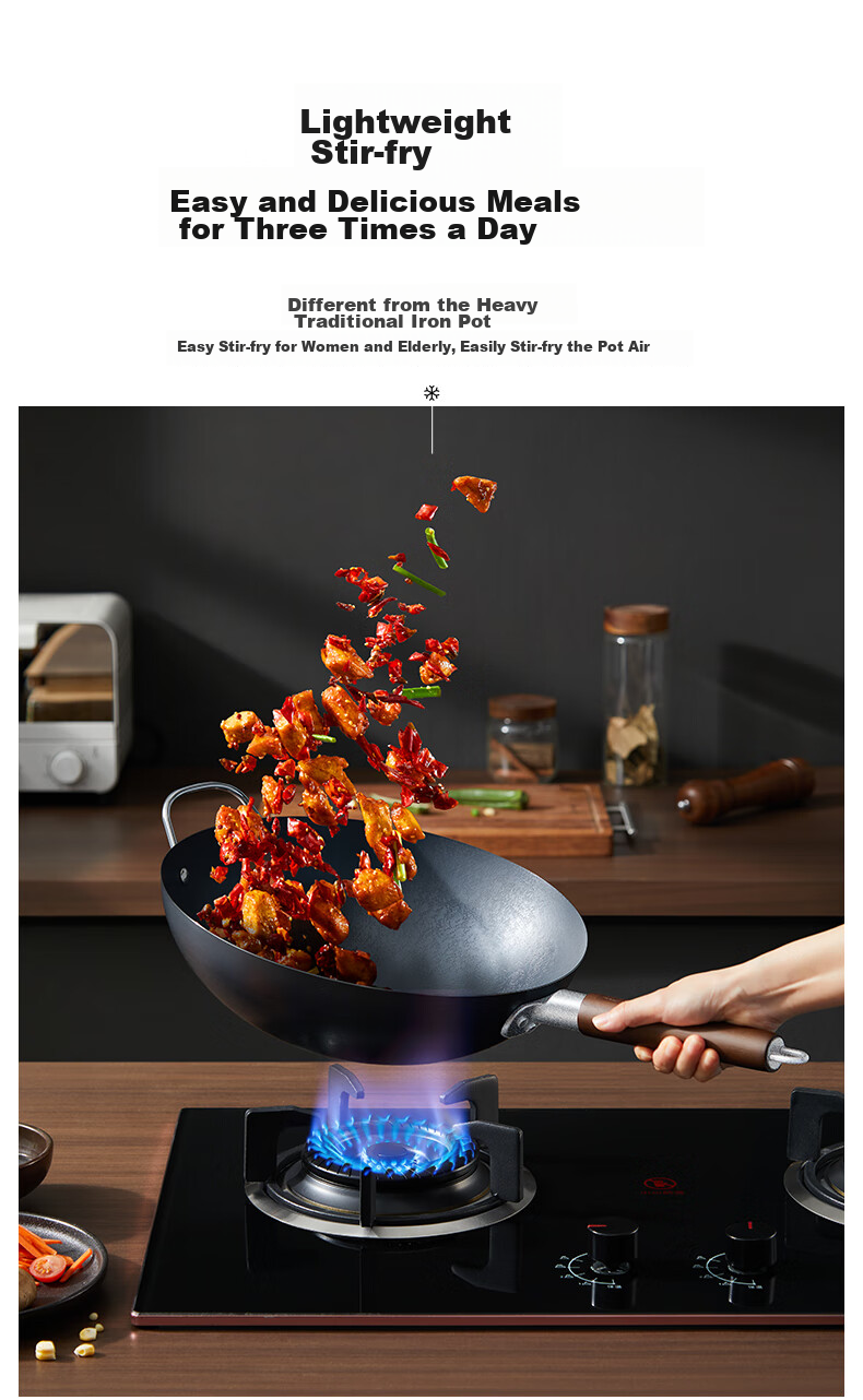 Zhangxiaoquan Snowflake Pattern Black Diamond Similar Style Non-Coated All-Purpose Anti-Scalding Wok Iron Pan 32cm with Lid 14