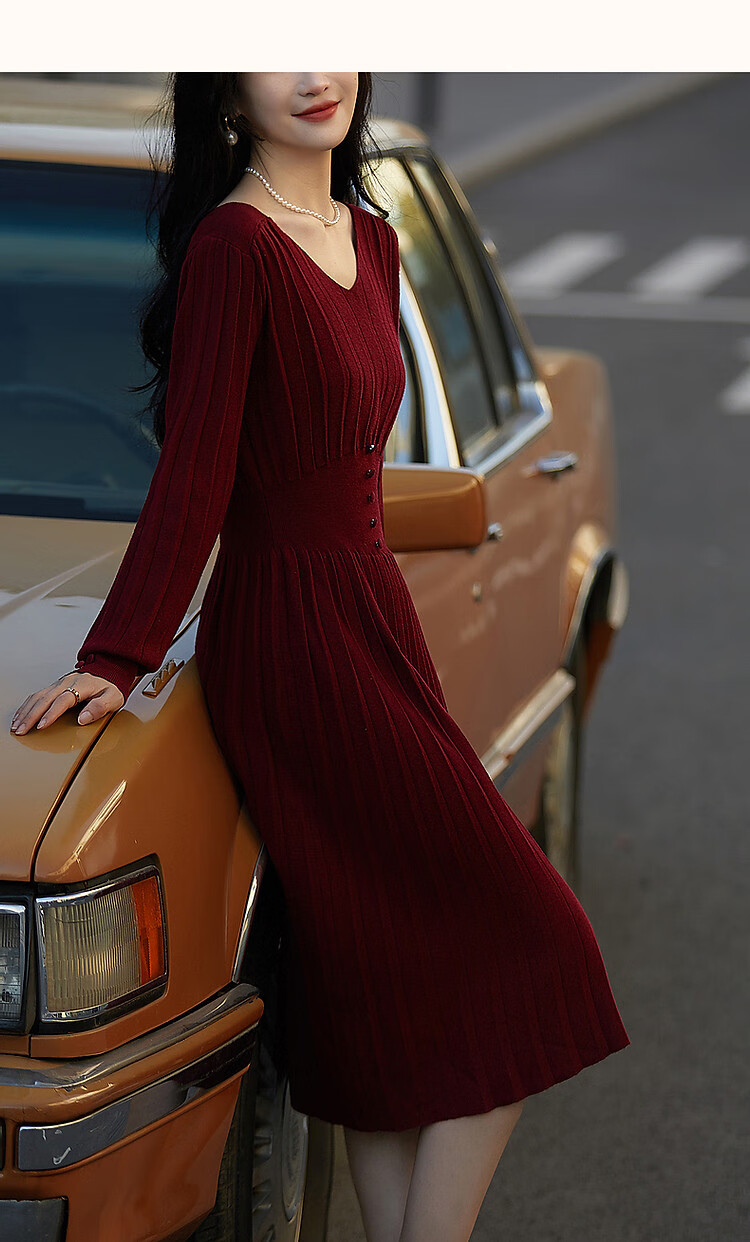 Dme Sweet Feminine V-Neck Waist-Slimming Knit Dress for Women, Mid-Length, Elegant Socialite Style, Spring and Autumn 10