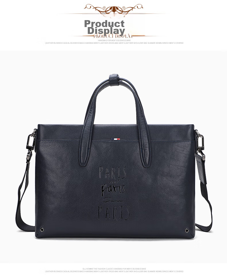 ELLE HOMME Men's Business Briefcase, Trendy Multifunctional Top-Grain Leather Handbag, Casual Horizontal Style Shoulder Crossbody Bag EA988201710 Black 11