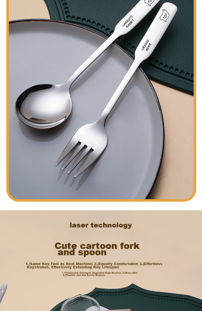 Edo 316 Stainless Steel Children's Fork And Spoon Set with Long Handles, Cartoon Design, Home Dining Utensils, 2-Piece Set, Bear Patter 3