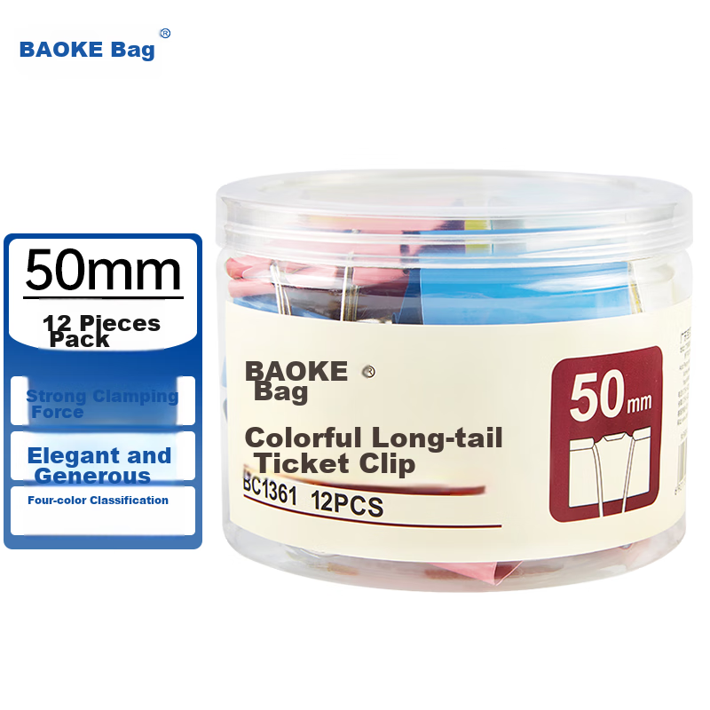 BAOKE 3c Digital All-Net Low Price BC1361 50mm Colorful Long Tail Clips, Binder Clips, 12 Pieces/tube