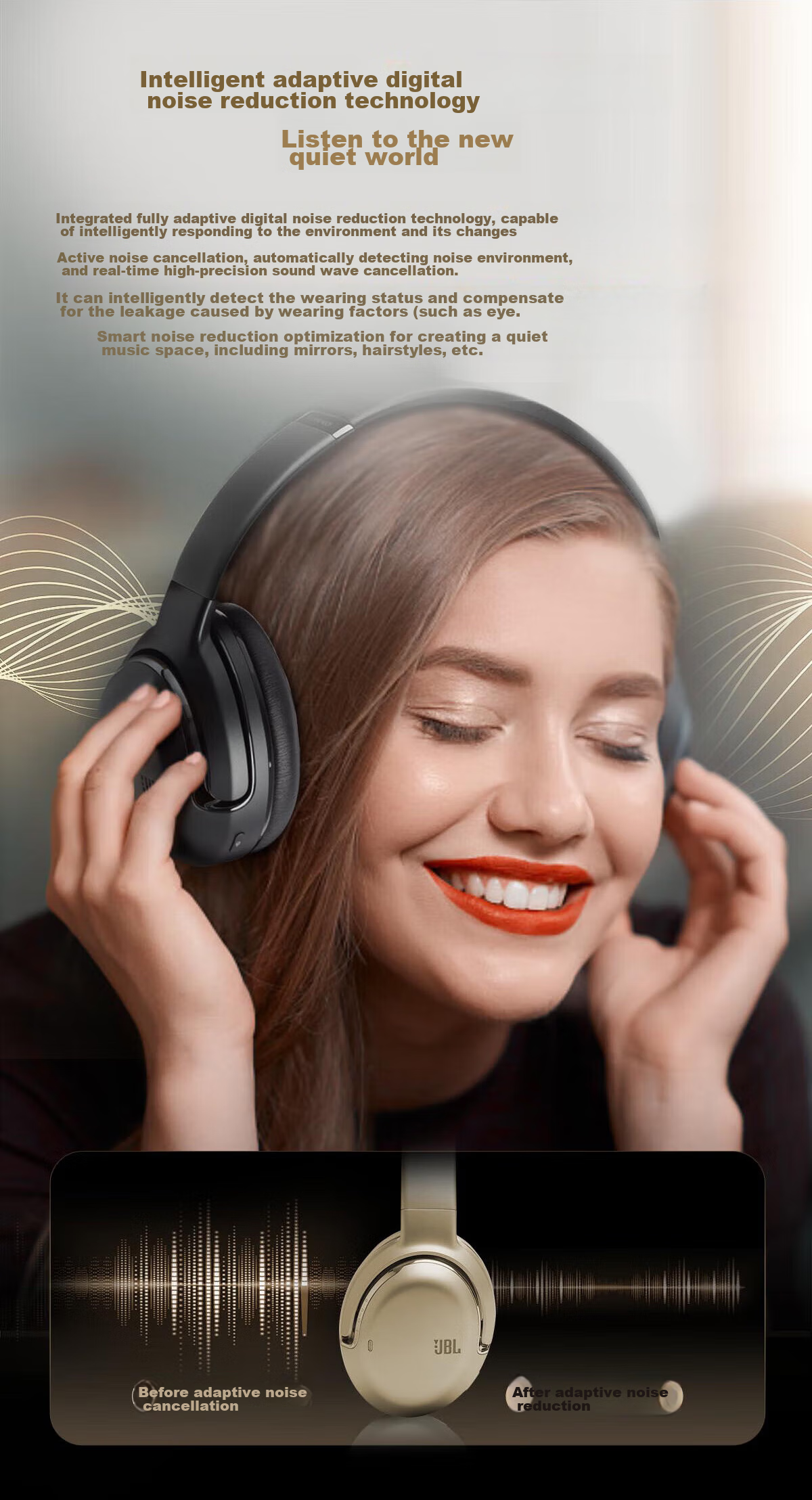 JBL TOUR ONE M2 Wireless Bluetooth Headphones, Long Battery Life, Active Noise Cancellation, Hi-Res Certified, Music Earphones, High-End Travel Commuter Headset, Champagne Gold 7