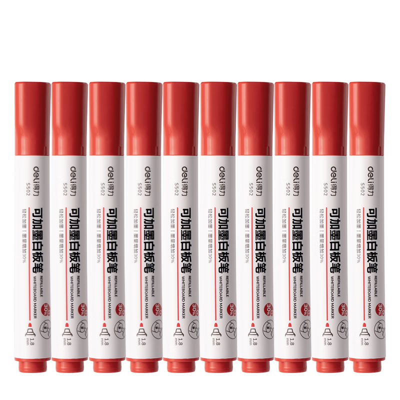 Deli Red Refillable Whiteboard Markers, Erasable And Easy to Erase, Office Meeting Teacher Teaching Training Student Stationery, 10 Pieces/box S502