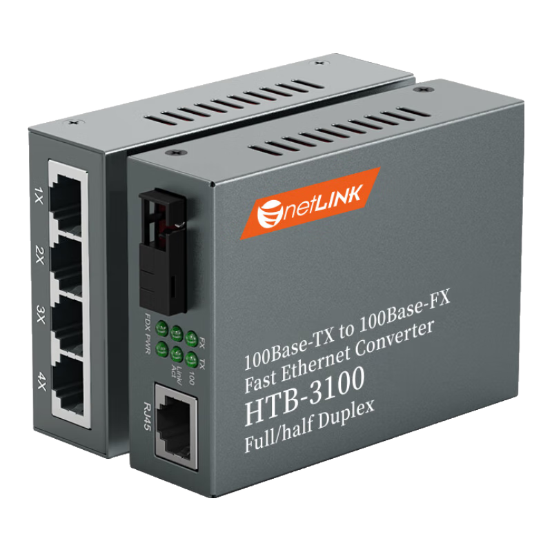 NetLINK HTB-3100A/4FE Optical Fiber Transceiver with 100Mbps 4-Port Ethernet And 1-Port Optical Fiber, Single-Mode Single-Fiber 15km, 1 Pair