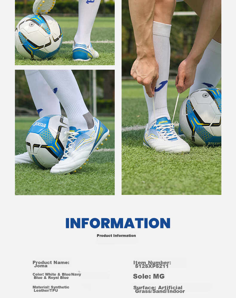 JOMA Adult Soccer Shoes for Men And Youth Students, MG Short Studs Breathable Professional Football Training Shoes, White And Blue, Size 39 10