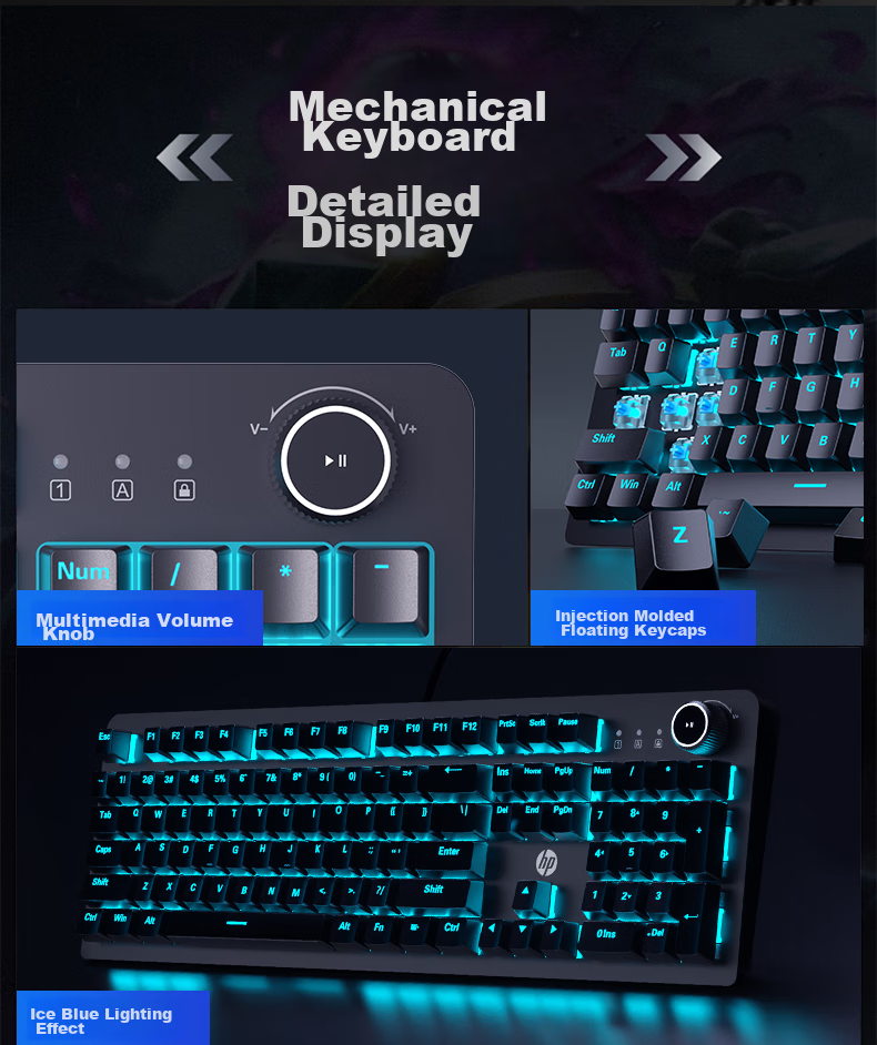 HP K10G Mechanical Keyboard with Blue Switches, Wired Keyboard for Gaming, E-Sports, Office Work And PUBG, 104 Keys Full-Size Compatible with Laptops And Desktop Computers, Full Anti-Ghosting 26