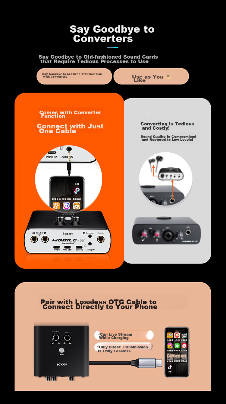 Aiken Mobile R Sound Card Live Streaming Kit, Computer And Phone OTG Direct Connection, 48V Phantom Power Supply, ASIO Driver, One-Key Voice Changer, Real-Time Monitoring, Voice Changer, Live Streaming Device 6