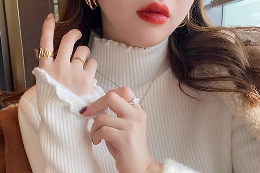 YUZHAOLIN Half Turtleneck Fleece Lined Ruffled Edge Sweater Women Autumn Winter Thickened Knitwear Warm Top 10