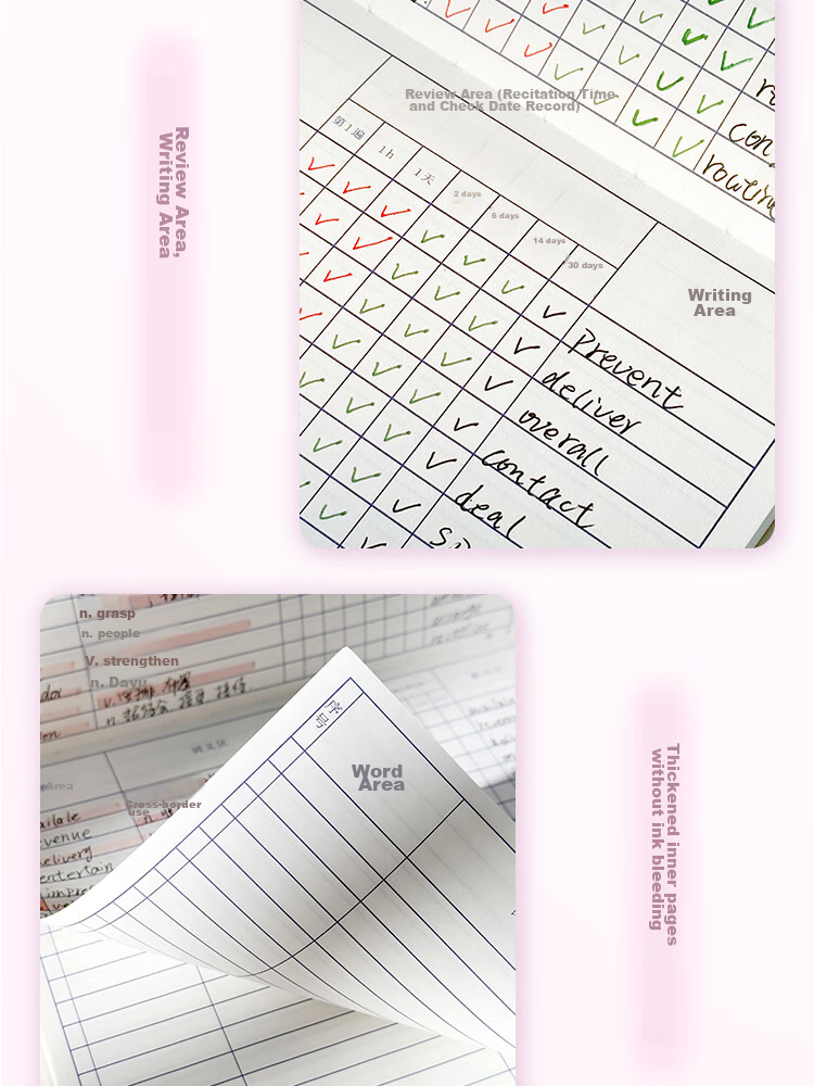 Class 3 Grade 2 A7 70-Page Vocabulary Notebook Set of 4 English Recitation Notebooks Ebbinghaus Memory Curve Writable Pocket Notebooks for Exam, Korean, Japanese, Small Notebooks Set of 4 6