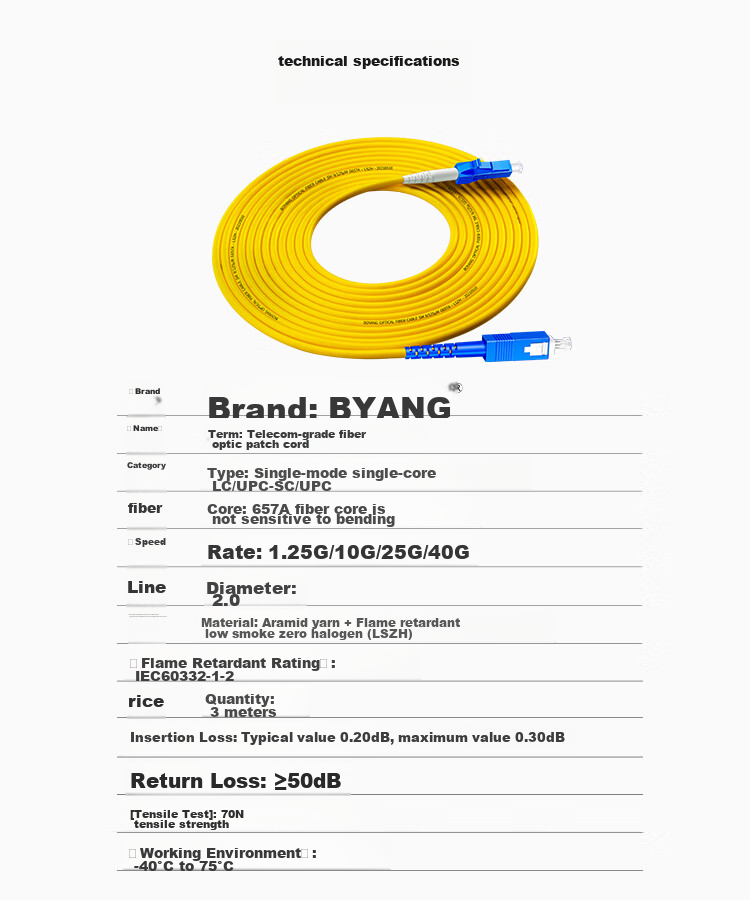BOYANG Telecom-Grade Fiber Optic Patch Cable SC-LC(UPC), 3 Meters, Single-Mode Single-Core Pigtail, Φ2.0 Flame-Retardant Low-Smoke Zero-Halogen Fiber Optic Cable, BY-351S 10