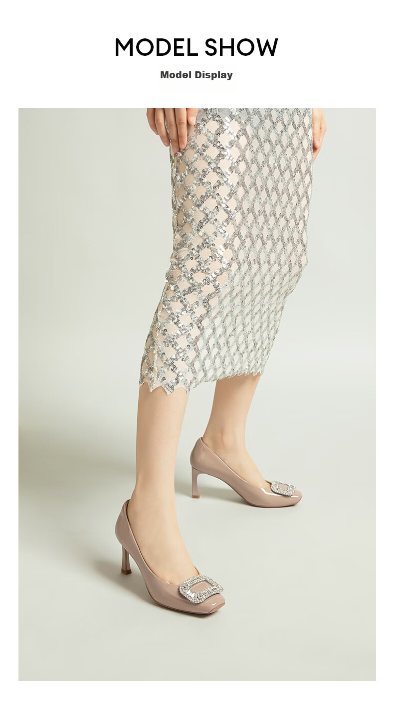 COMELY Square Buckle High Heels for Women, Spring Commute Square Toe Fashionable French Rhinestone Pumps Stiletto Shoes, Pink Apricot Color, Size 36 15