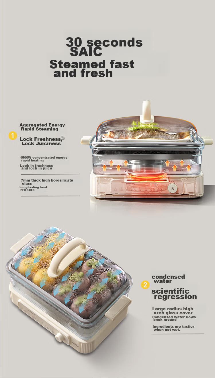 DAEWOO [Selected by Procurement And Sales] Multifunctional Electric Steamer Pot for Stewing And Steaming All-In Food-Grade Glass Transparent No Plastic Household Multi-Layer Steam Pot Stainless Steel Plate S22 9