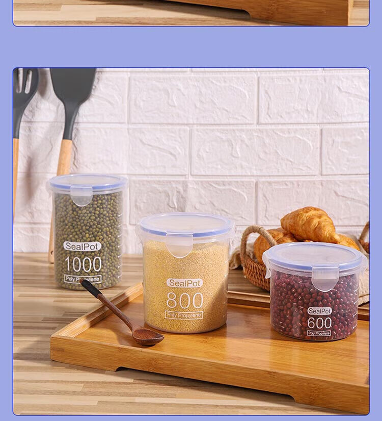 Baijie Five-Grain Sealed Food-Grade Plastic Storage Jars, Moisture-Proof Rice Buckets for Dry Goods, Nuts, and Tea, 900ml, Set of 5 2