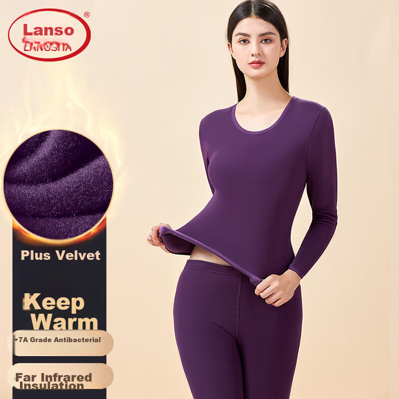 LangSha Thermal Underwear for Women, Thickened Fleece-Lined, Middle-Aged And Elderly Ladies' Autumn And Winter Base Layer Set, Purple XL