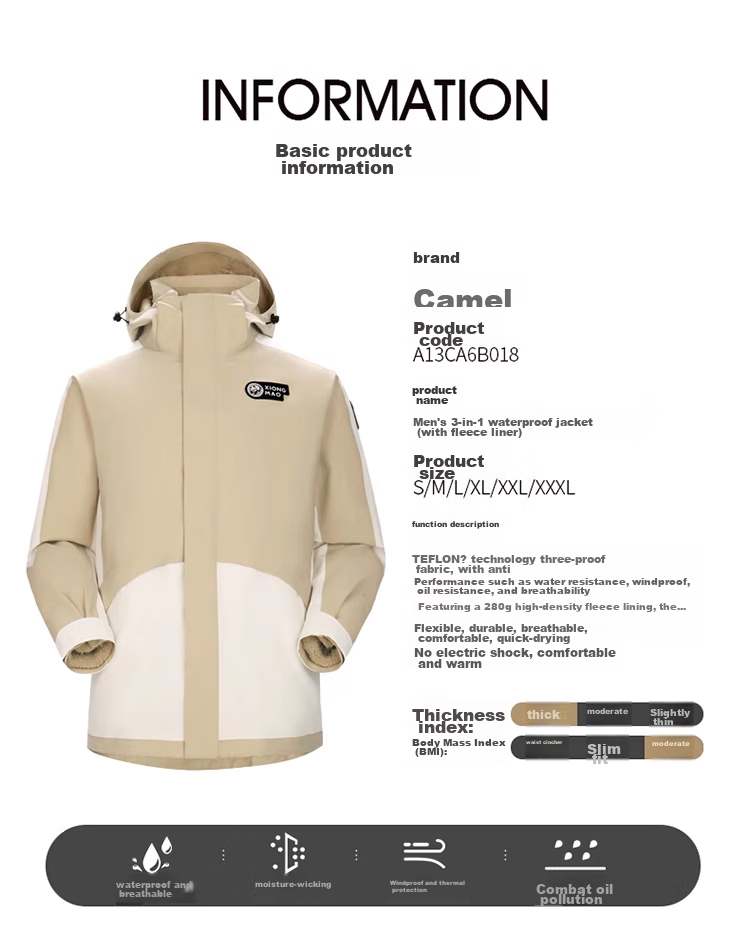 CAMEL Panda Three-Proof Windbreaker, Unisex Professional Oil-Resistant Waterproof Three-In Mountaineering Jacket A13CA6aB018 11