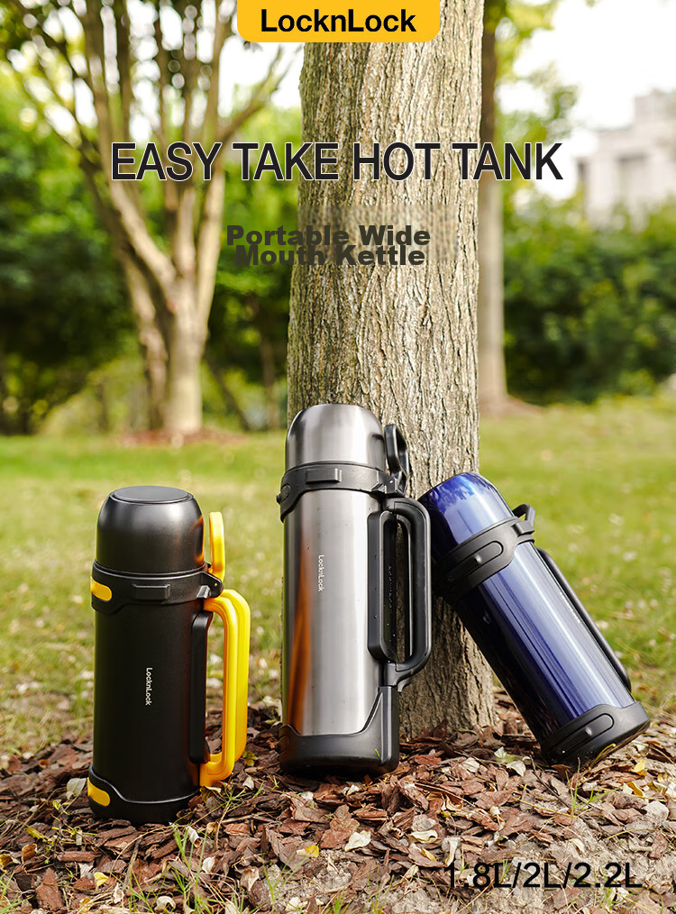 LOCK&LOCK Large Capacity Insulated Bottle, Outdoor Travel Camping Stainless Steel Portable Car-Mounted Handheld Thermos, 2.2L Black 1