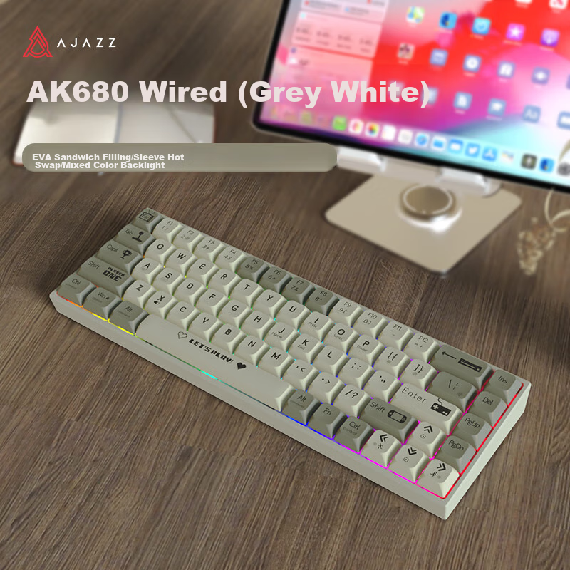 AJAZZ AK680 Wired Mechanical Keyboard, Dual-Color Keycaps, 68 Keys, Full Hot-Swappable, Customizable Mechanical Keyboard, Mixed Colorful Lighting Effects, Portable And Compact, Gray-White, Red Switches