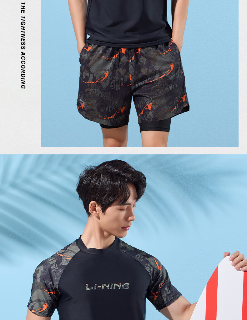 Li-Ning Swimming Trunks for Men, Anti-Embarrassment Knee-Length Double-Layer Swim Shorts, Comfortable High-Elasticity Water And Land Dual-Use Beach Shorts, 330 Black-Green XXL 18