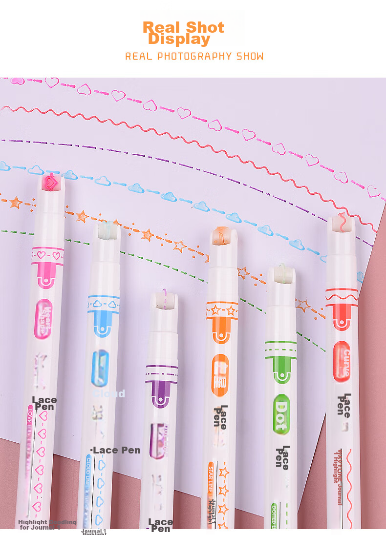 Genvana 6-Color Floral Pattern Outline Pen, Curved Pen, Highlighter, Embossing Pen, Marker Pen for Students, Decorative Edging for Handwritten Reports, Colored Journal Decoration Pen G-0546 9