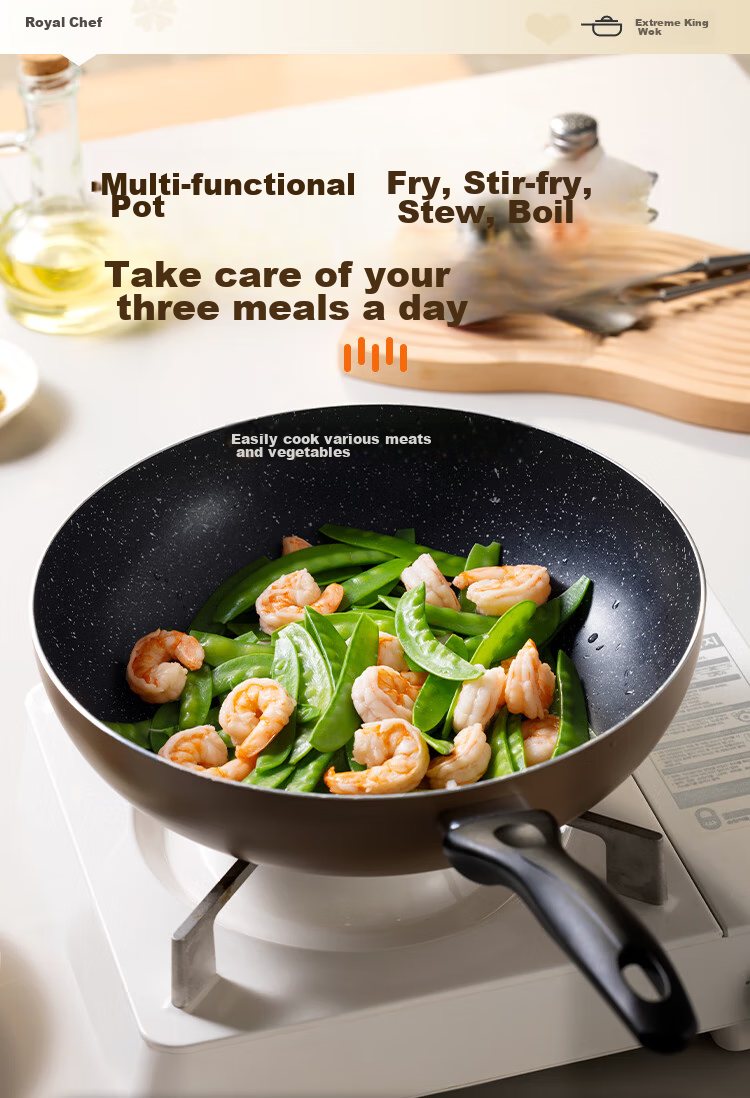 COOKER KING Non-Stick Wok, Japanese-Style Cast Iron, Easy to Clean, Low Smoke, Flat Bottom Frying Pan, 28cm, Compatible with Induction Cookers, B49780 7