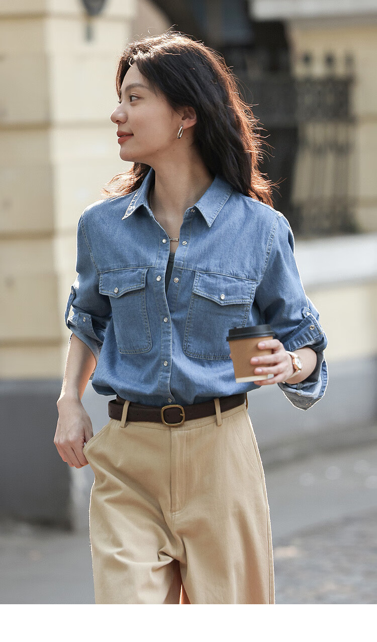 Dme Vintage Washed Color Spring And Autumn Women's Fashion High-End Denim Shirt Layered Base Top Blouse 6